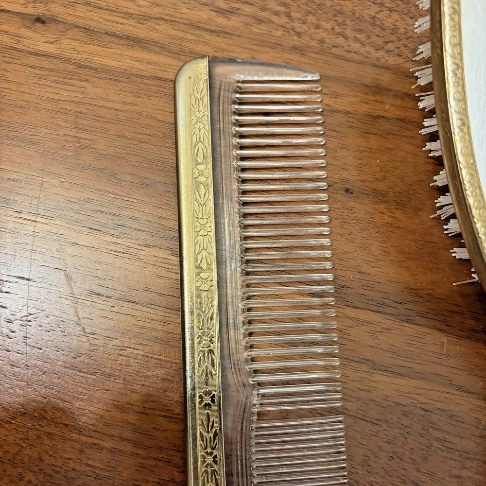 Vintage 1950s Hollywood Regency Gold Plated Mirror Brush Comb Vanity Set Bird
